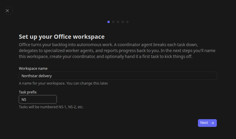 Office setup wizard with workspace name and task prefix fields