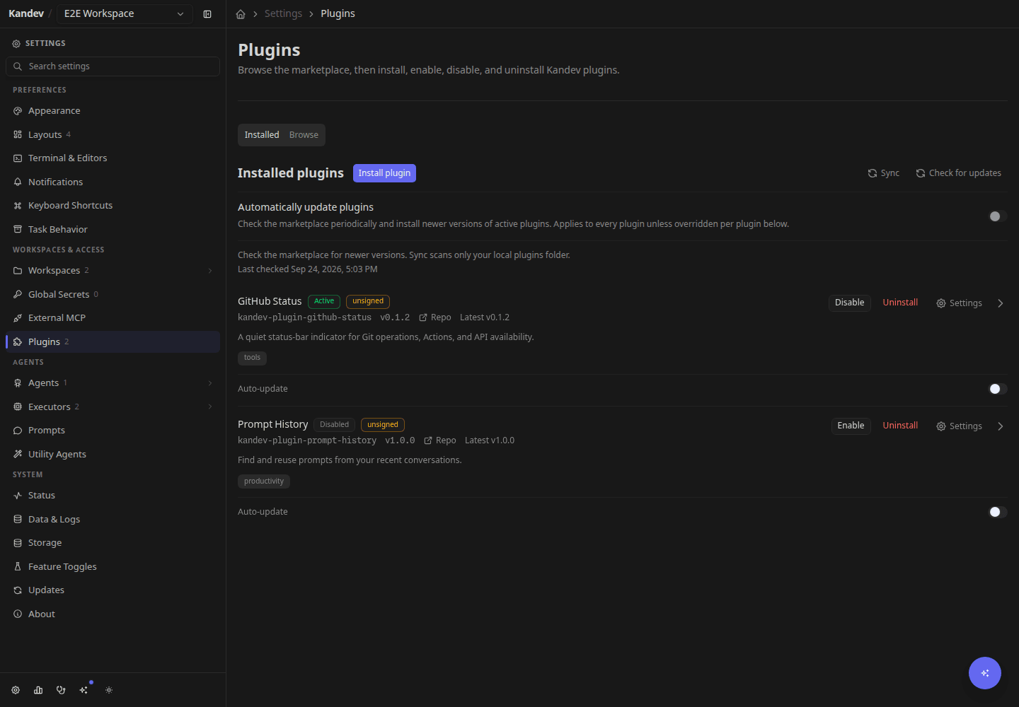 Settings > Plugins showing the compact install, sync, and update toolbar, automatic updates, and divided plugin rows with enable, disable, uninstall, and settings controls.